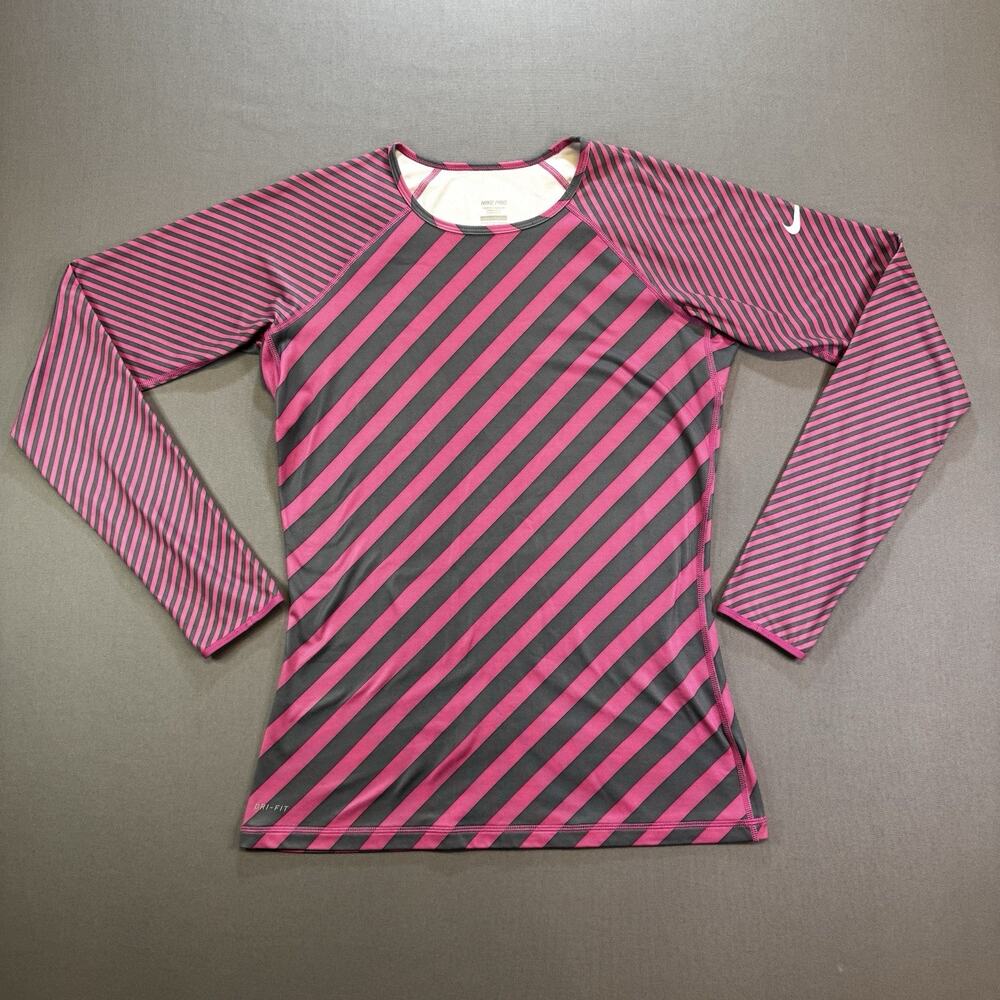 Nike Pro Dri-Fit Compression Shirt Women’s Large Pink Black Striped Long Sleeve